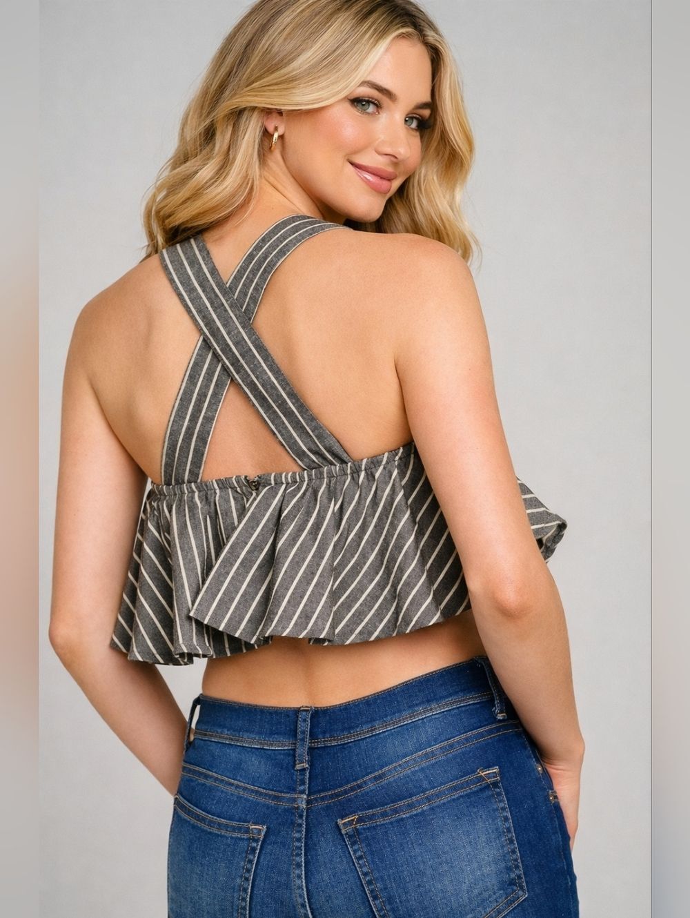Striped Linen Blend Ruffle Crop Top - Picture 4 of 6
